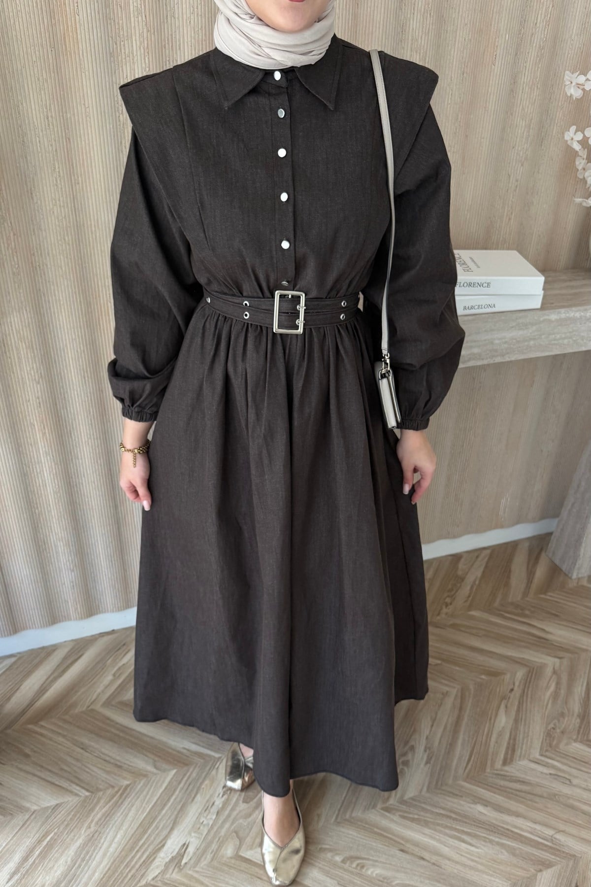 Buqle Denim Elbise Acı Kahve
