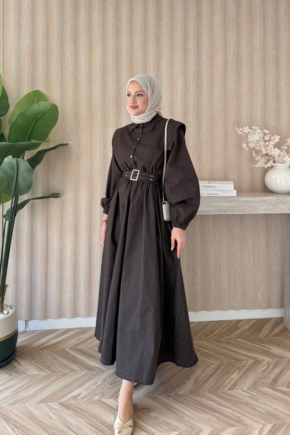 Buqle Denim Elbise Acı Kahve