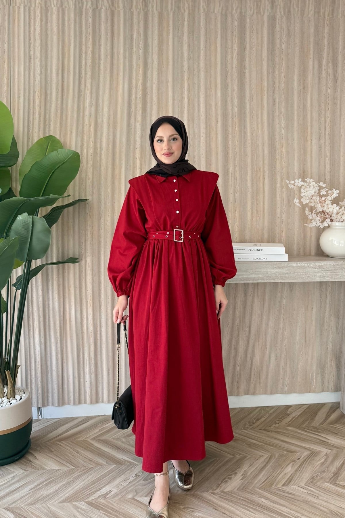 Buqle Denim Elbise Kırmızı