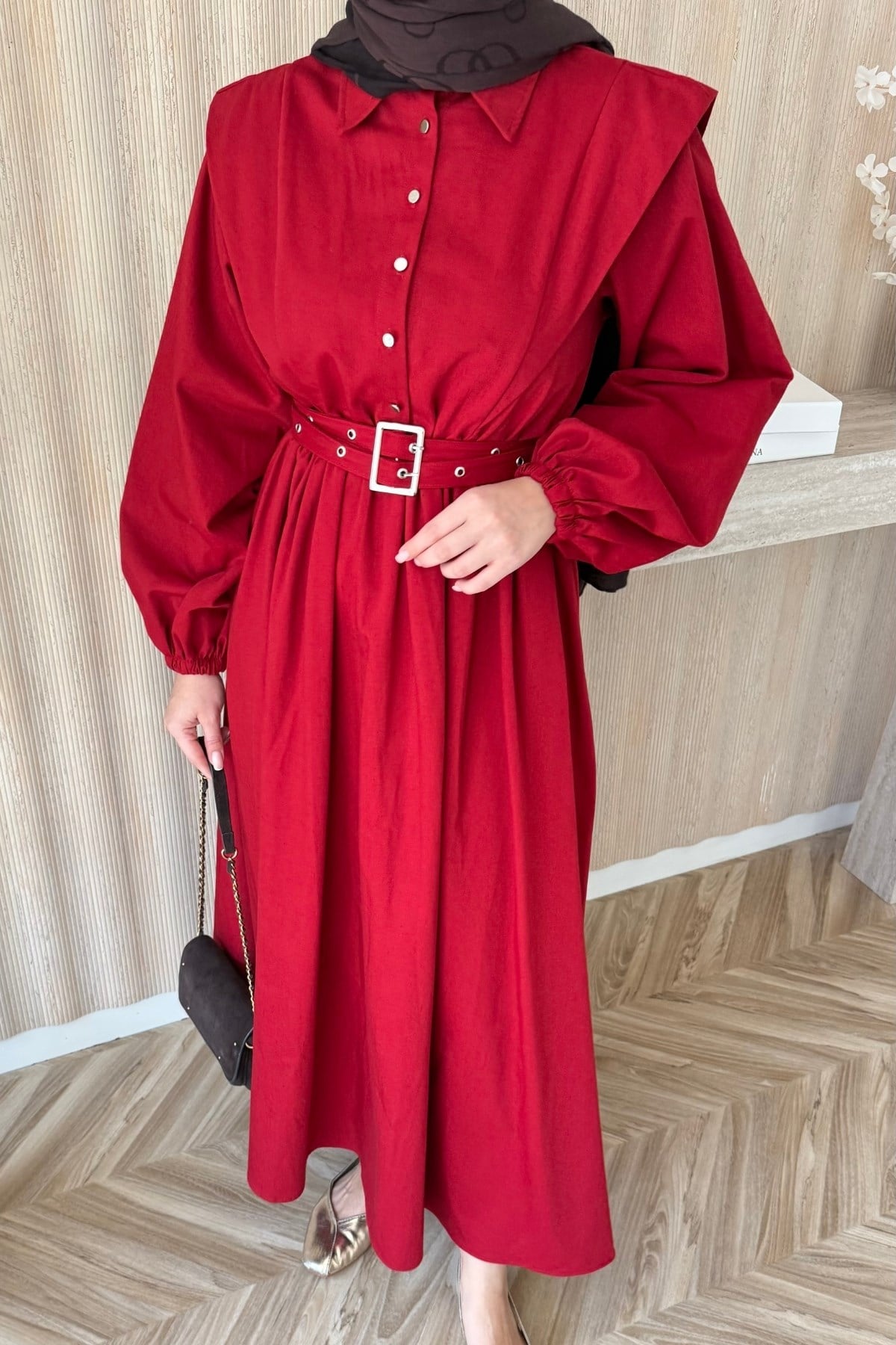 Buqle Denim Elbise Kırmızı