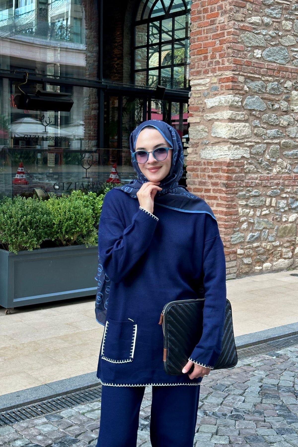 Cep Detaylı Triko Takım Lacivert