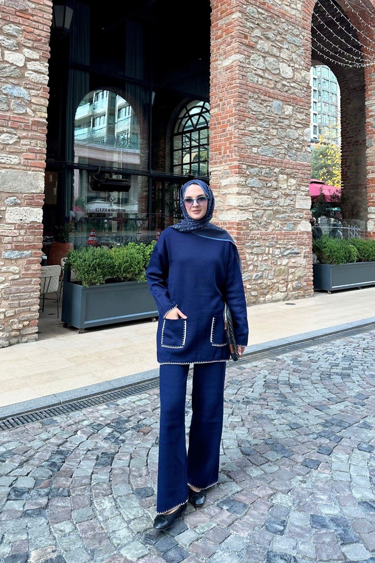 Cep Detaylı Triko Takım Lacivert