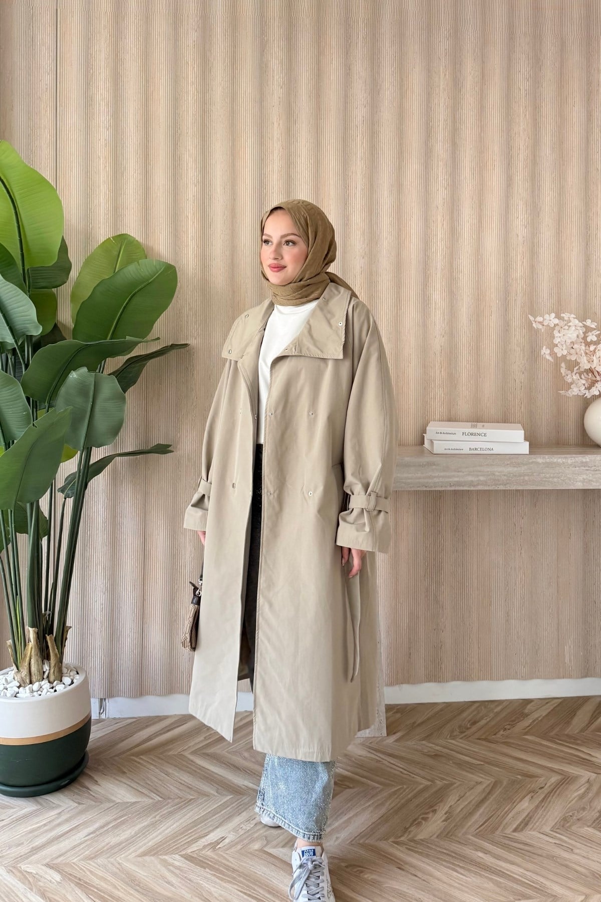 Çıtçıtlı Oversize Trençkot Bej