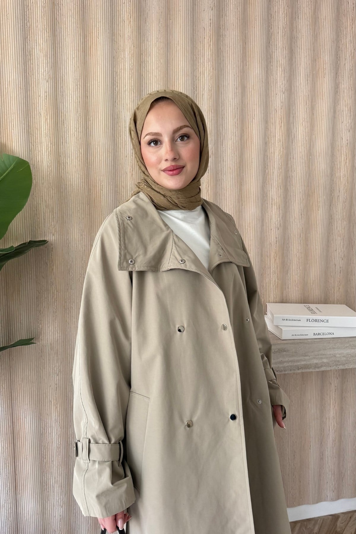 Çıtçıtlı Oversize Trençkot Bej