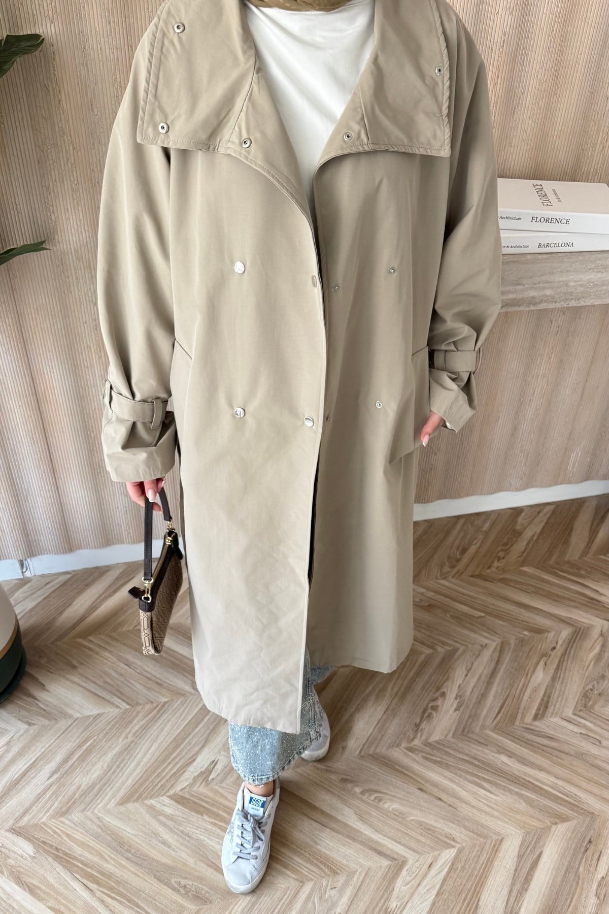 Çıtçıtlı Oversize Trençkot Bej