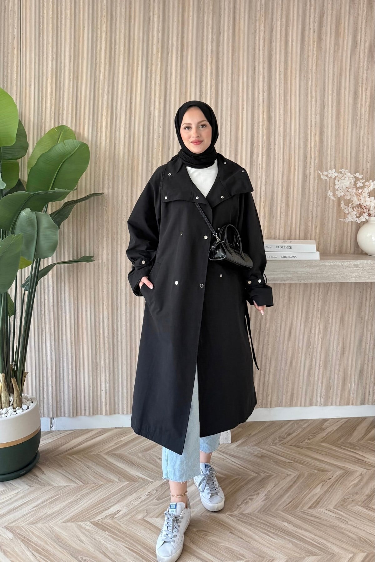 Çıtçıtlı Oversize Trençkot Siyah