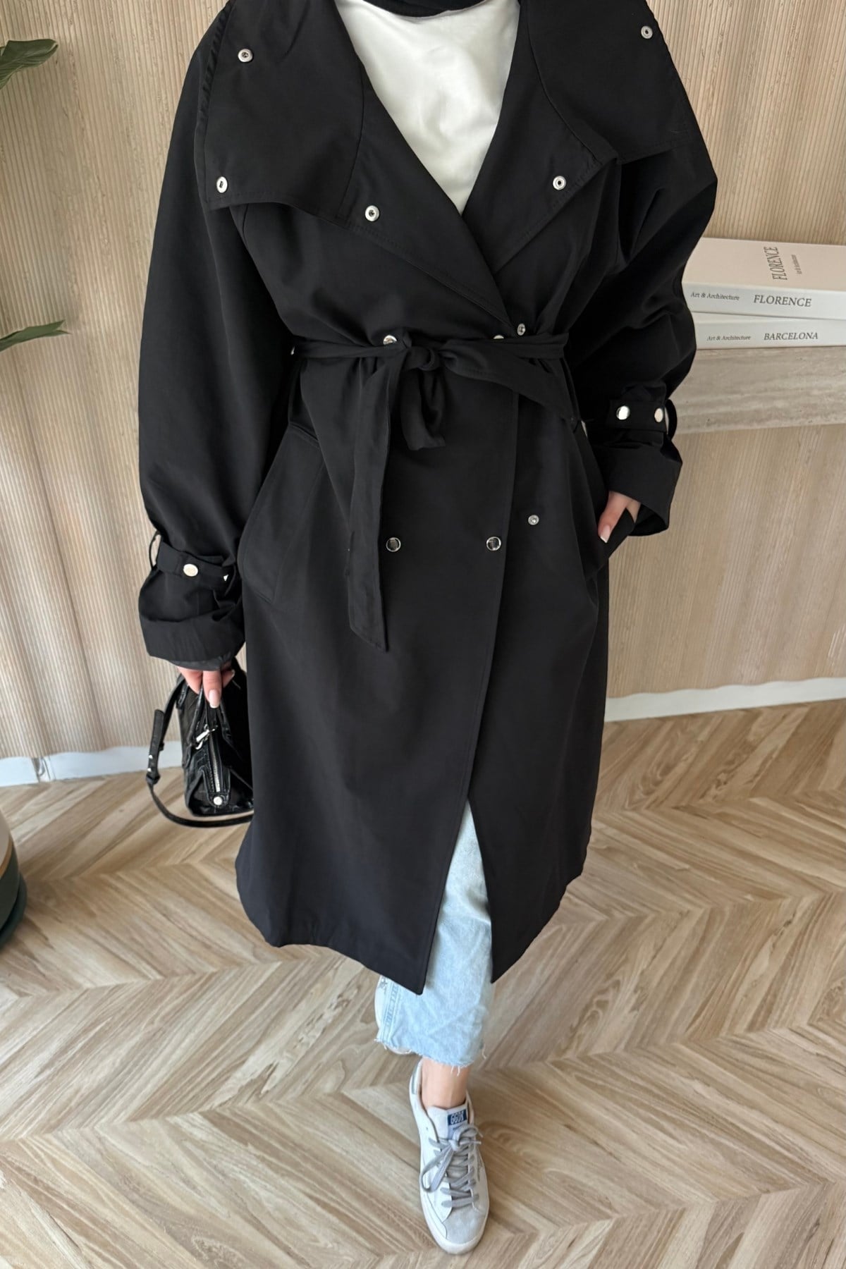 Çıtçıtlı Oversize Trençkot Siyah