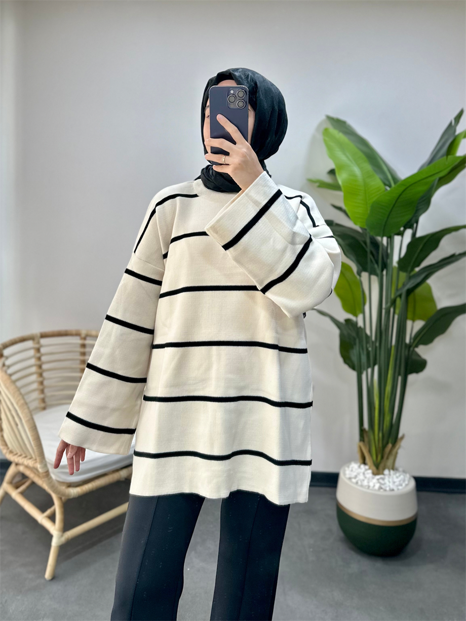 Çizgili Basic Triko Tunik Ekru