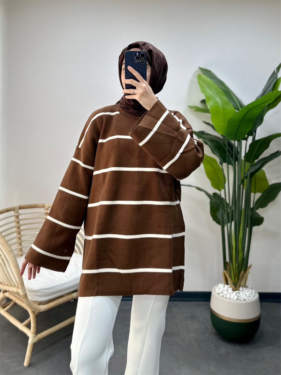 Çizgili Basic Triko Tunik Kahverengi