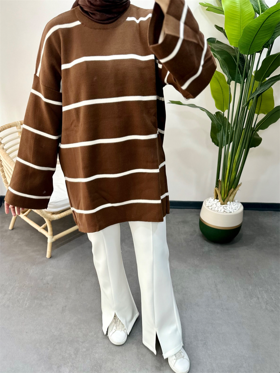 Çizgili Basic Triko Tunik Kahverengi