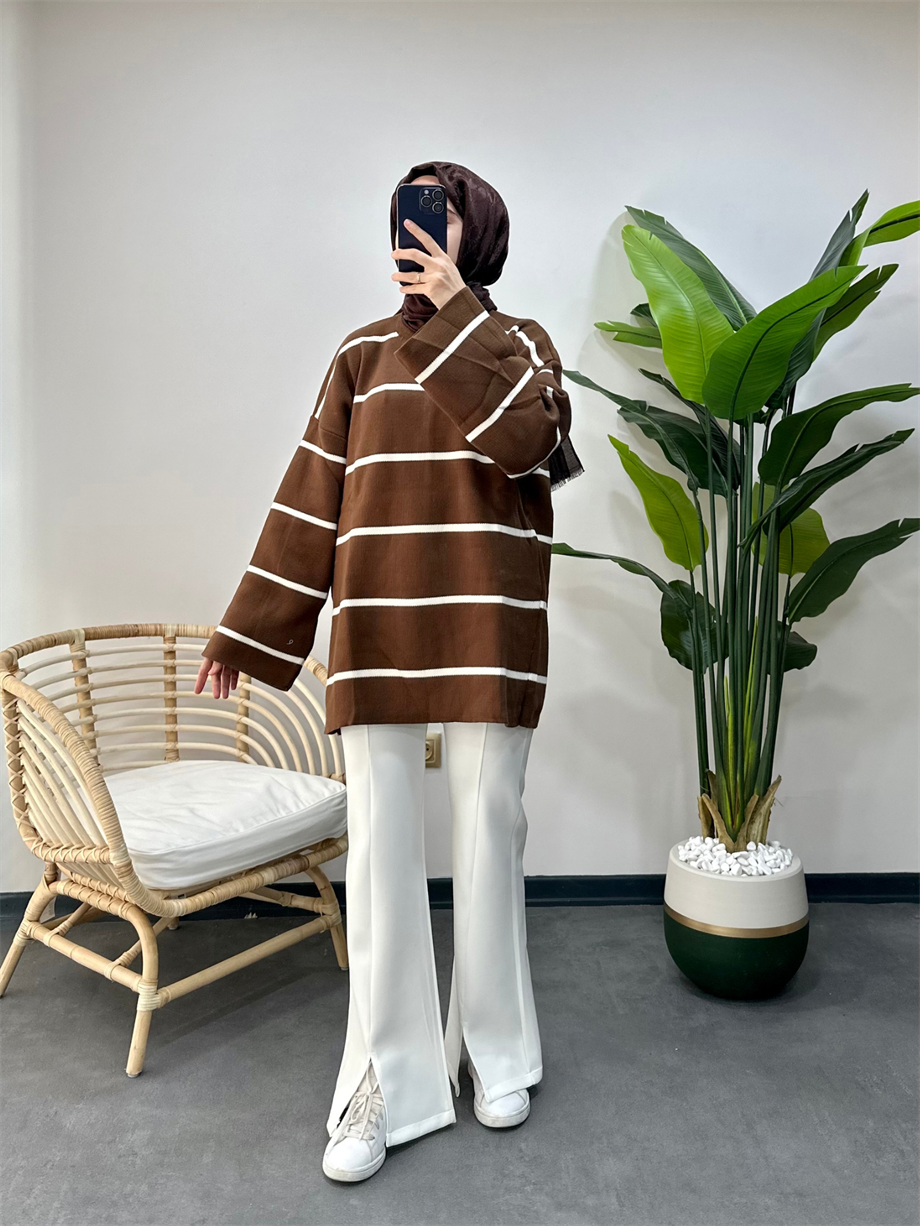 Çizgili Basic Triko Tunik Kahverengi