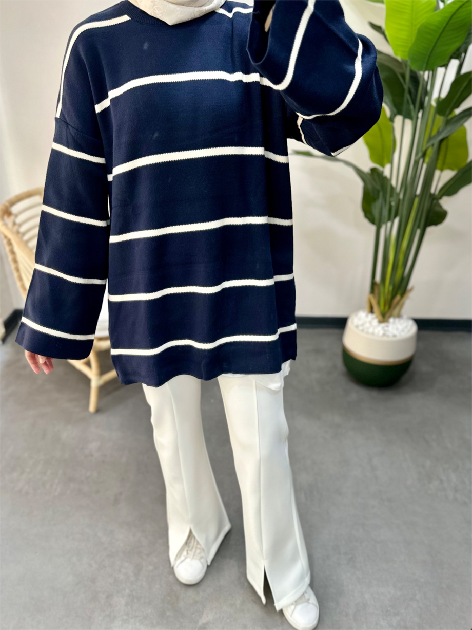 Çizgili Basic Triko Tunik Lacivert