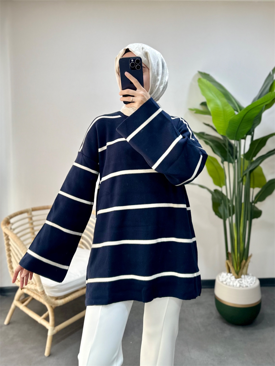 Çizgili Basic Triko Tunik Lacivert