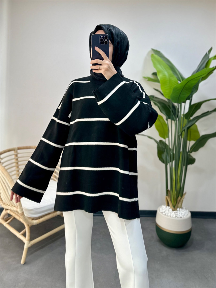 Çizgili Basic Triko Tunik Siyah