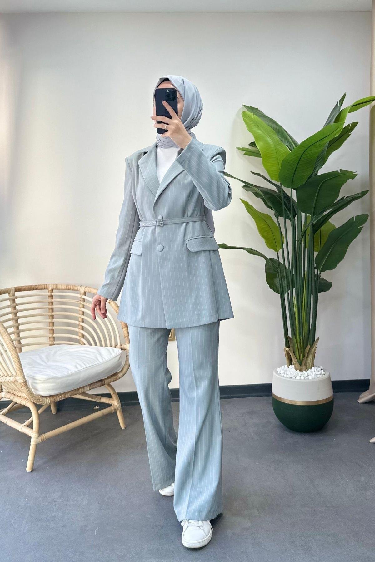 Çizgili Blazer Takım Gri