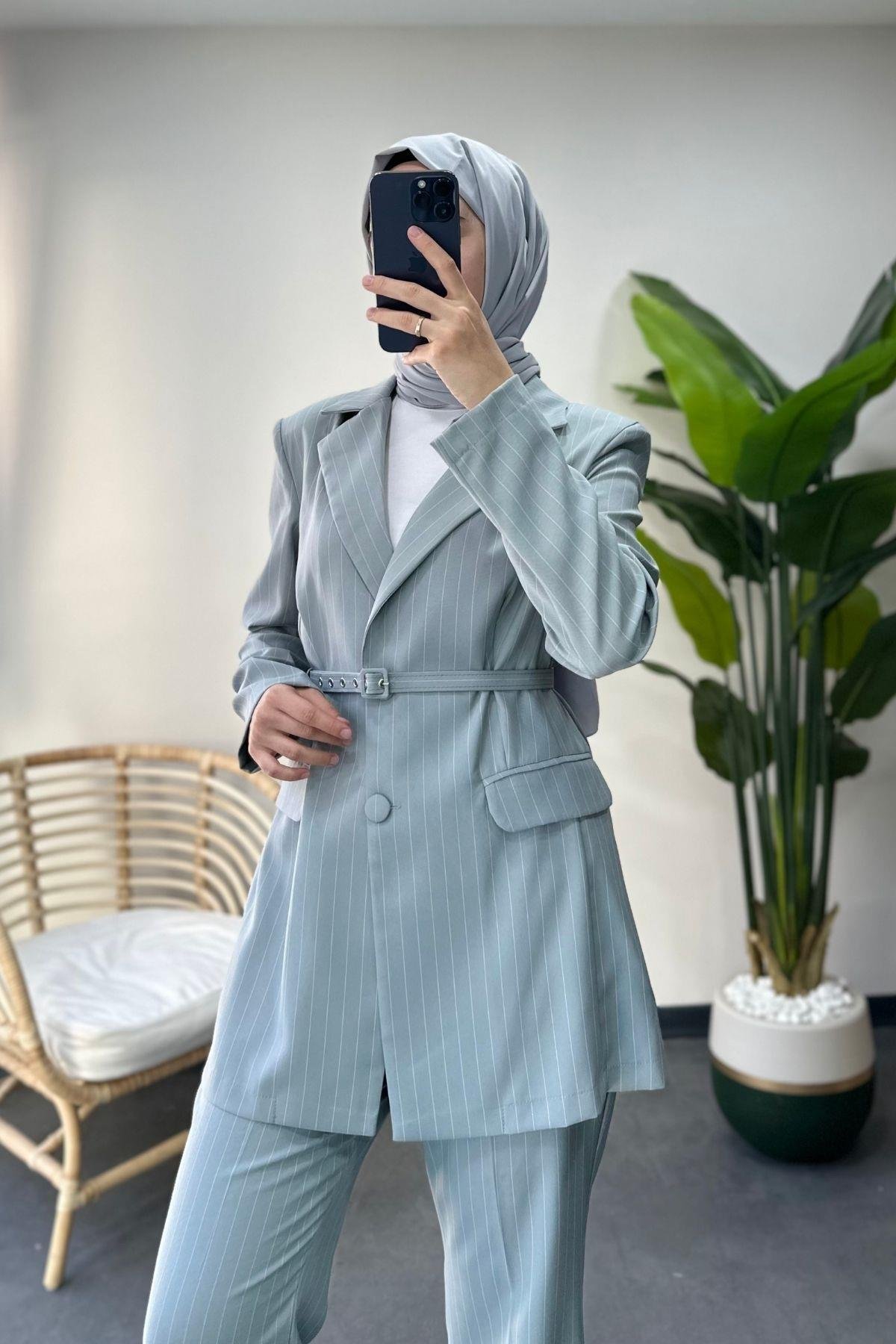Çizgili Blazer Takım Gri