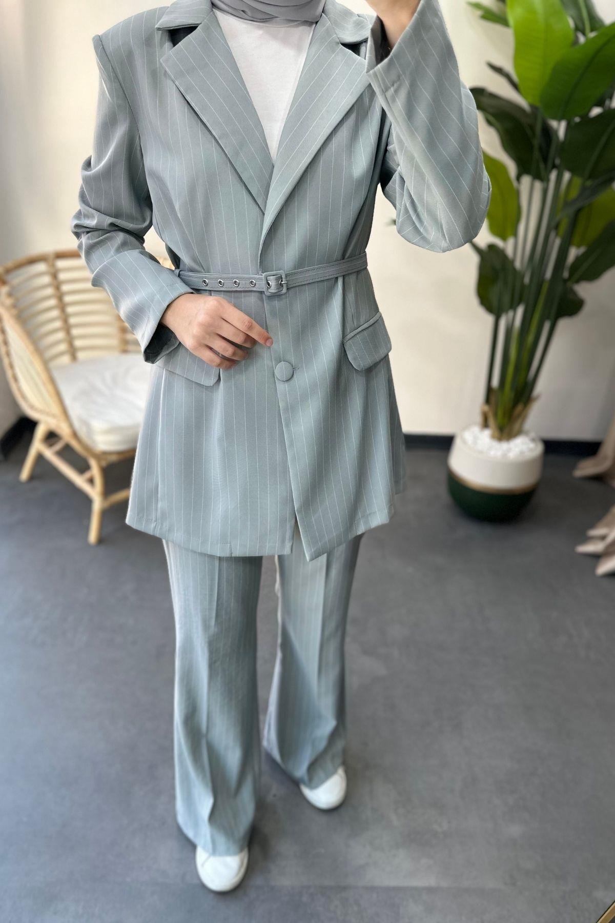 Çizgili Blazer Takım Gri