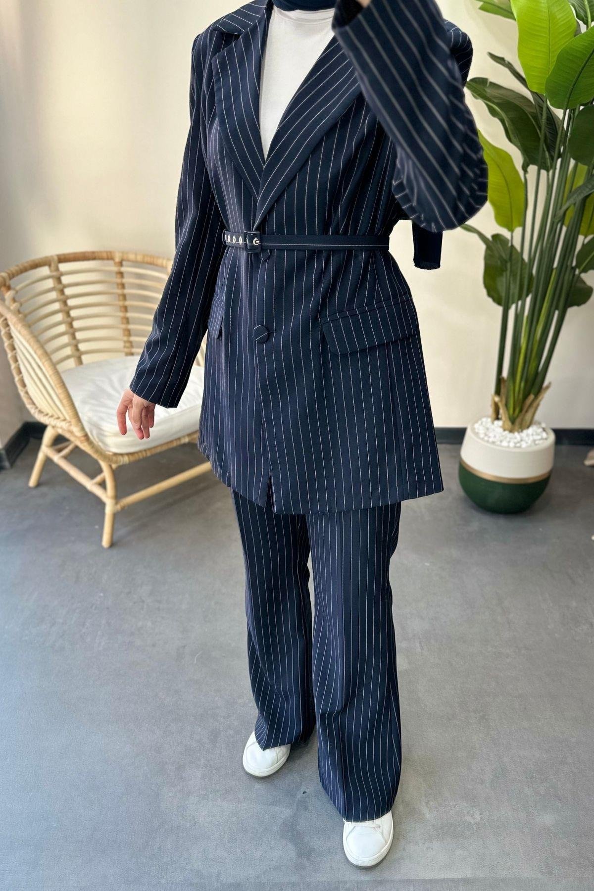 Çizgili Blazer Takım Lacivert