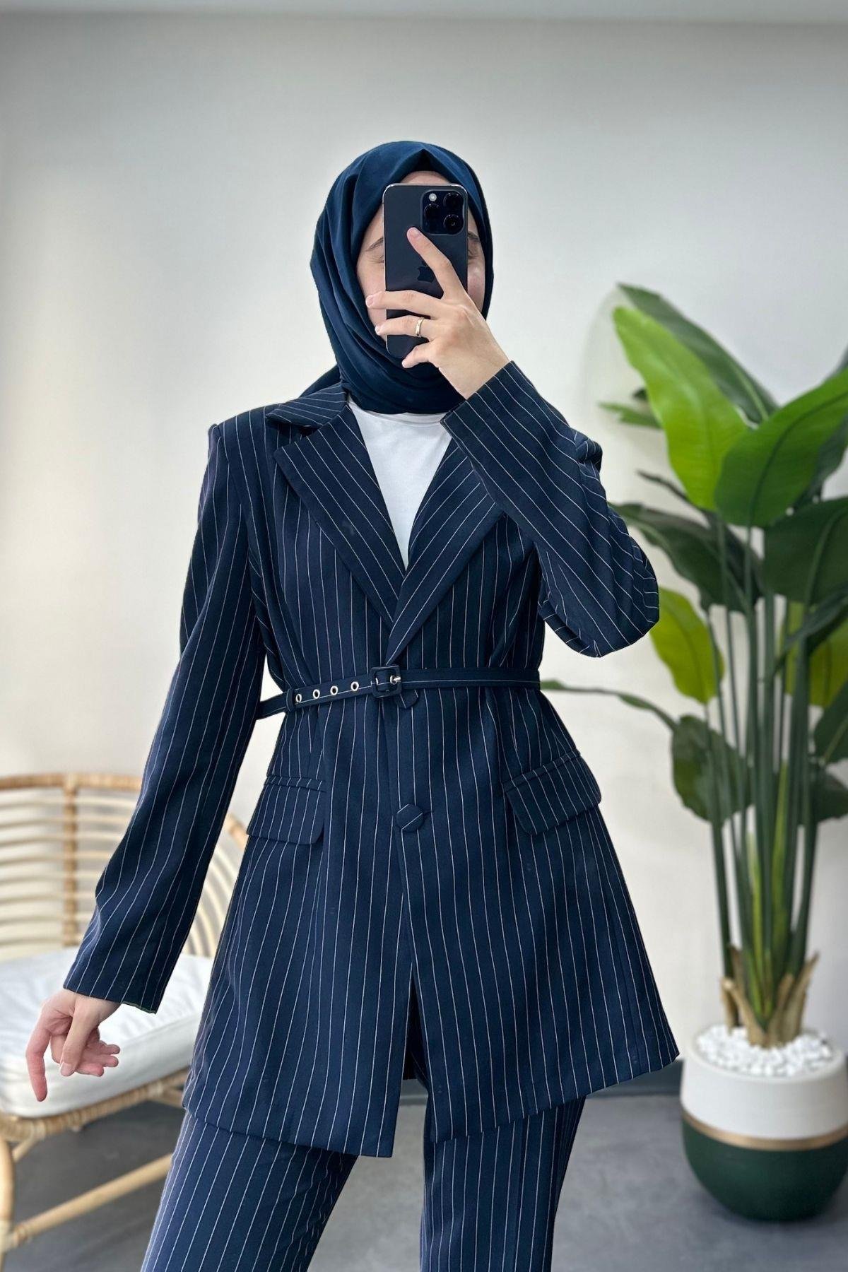 Çizgili Blazer Takım Lacivert