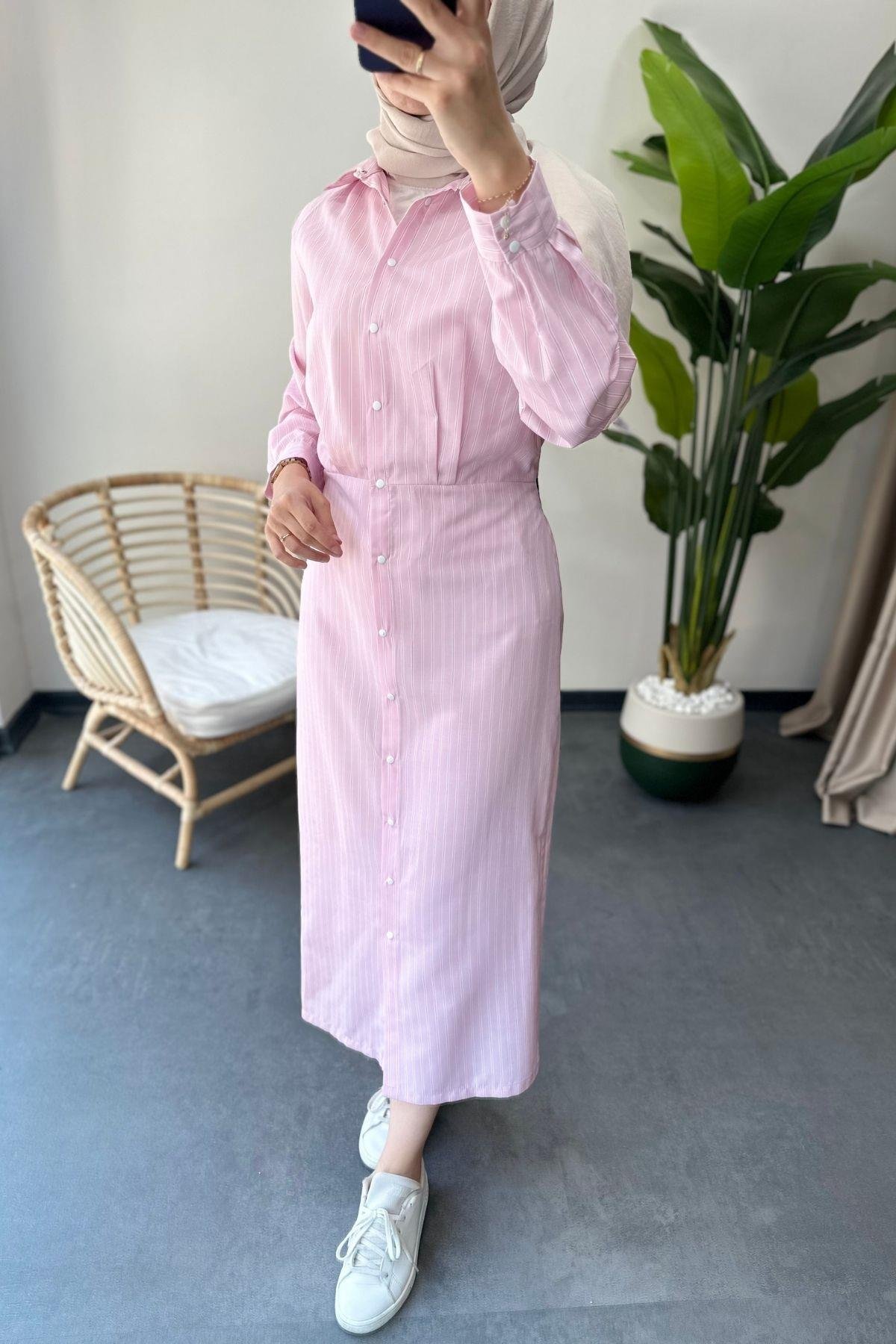 Çizgili Kalem Elbise Pembe
