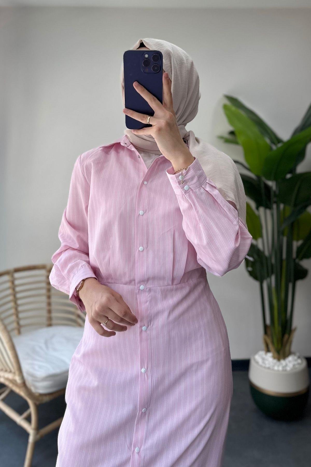 Çizgili Kalem Elbise Pembe