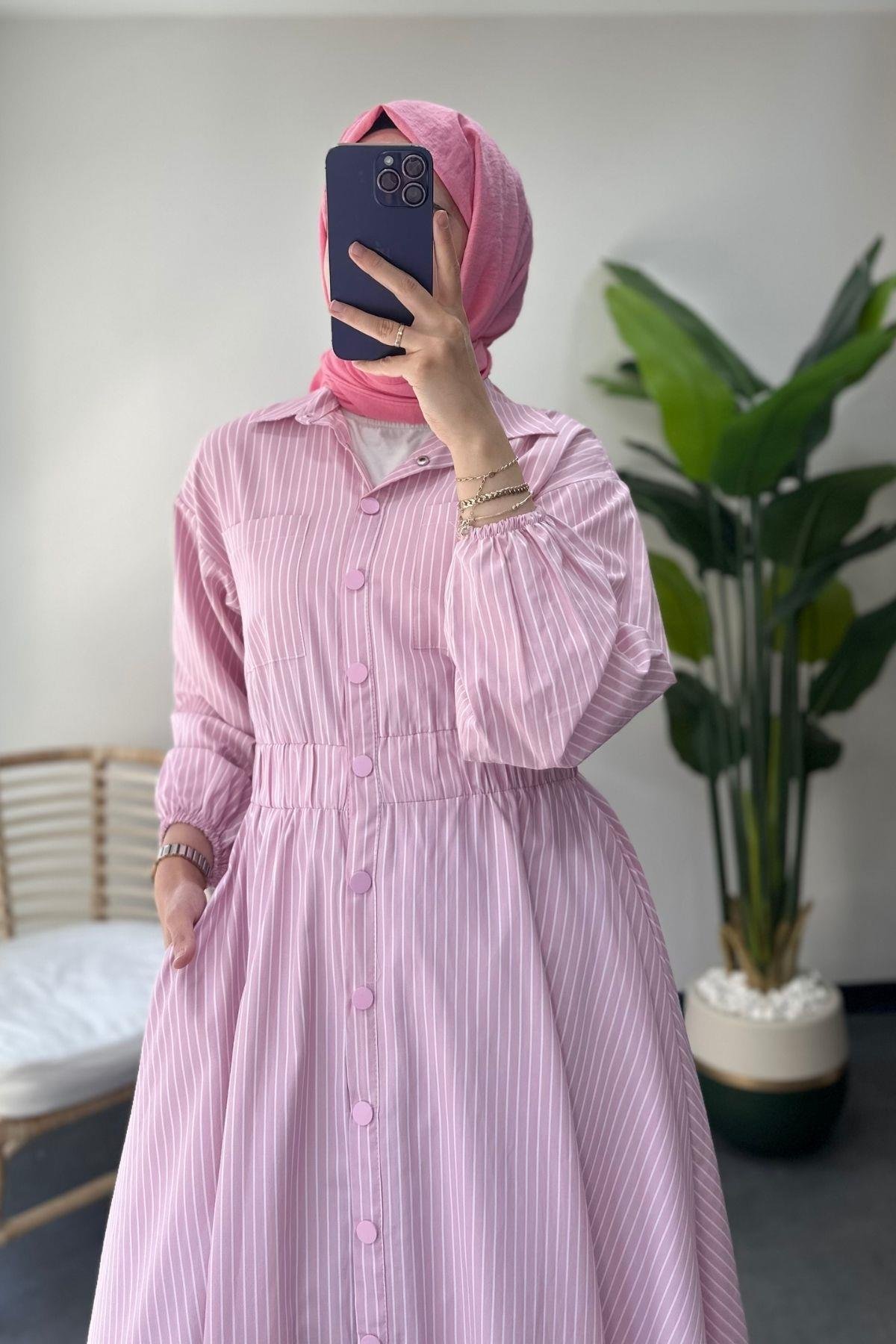 Çizgili Poplin Elbise Pembe