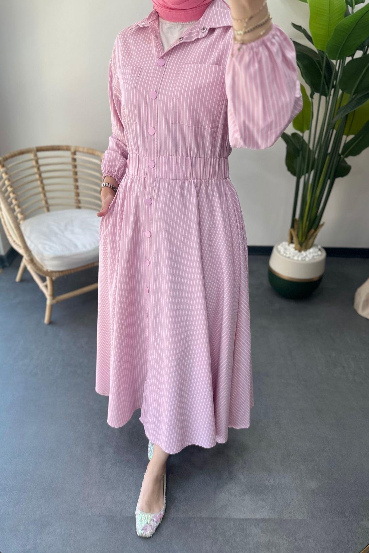Çizgili Poplin Elbise Pembe
