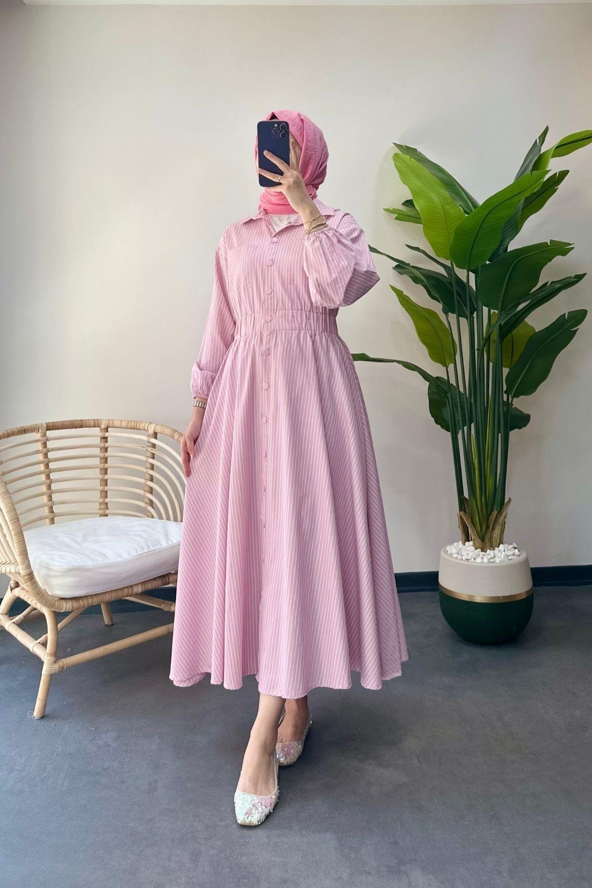 Çizgili Poplin Elbise Pembe