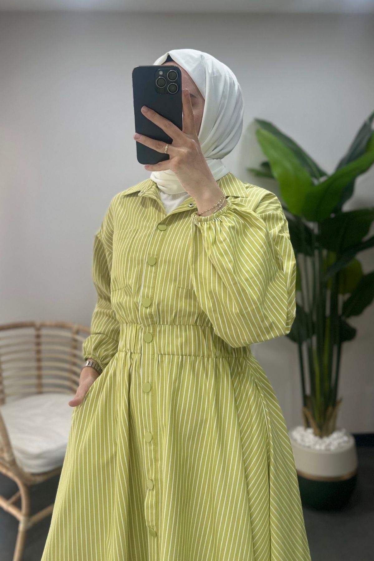 Çizgili Poplin Elbise Yağ Yeşili