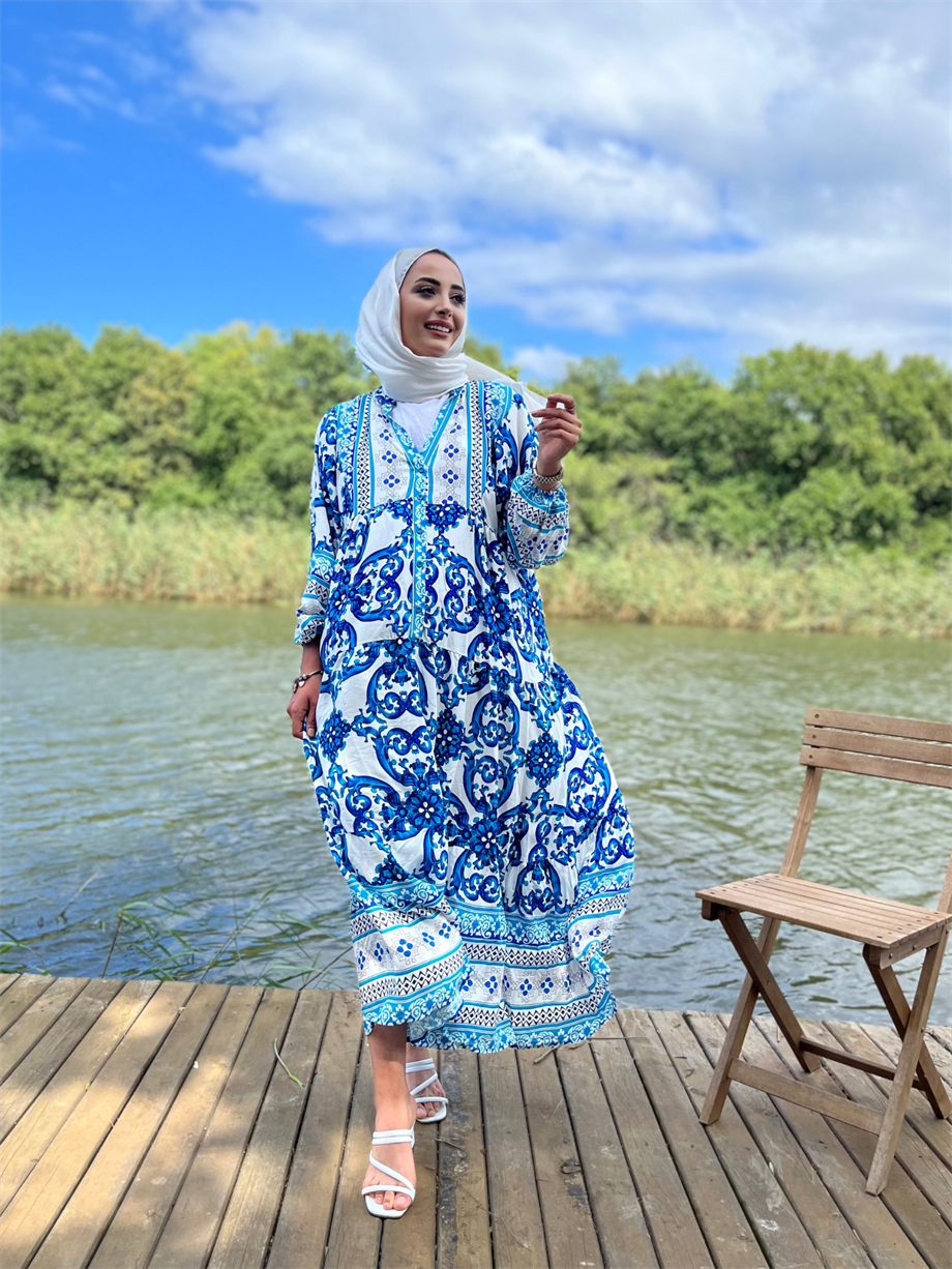 Desenli Viskon Elbise Mavi