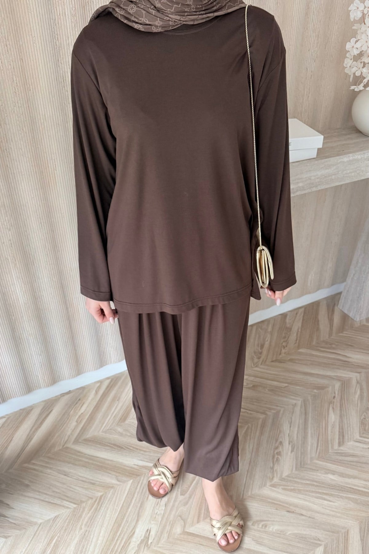 Dila Şalvar Pantolonlu Takım Kahve