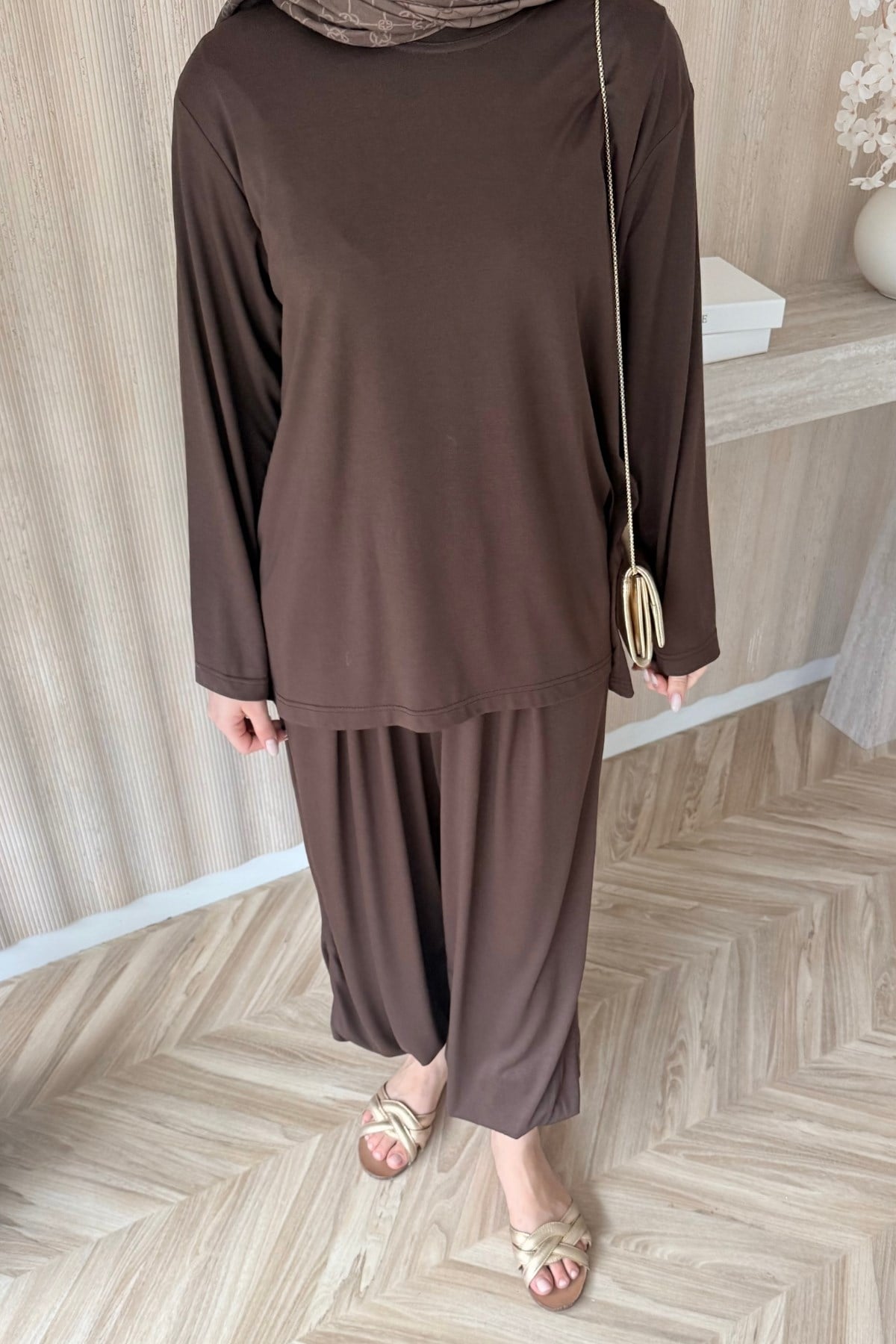 Dila Şalvar Pantolonlu Takım Kahve