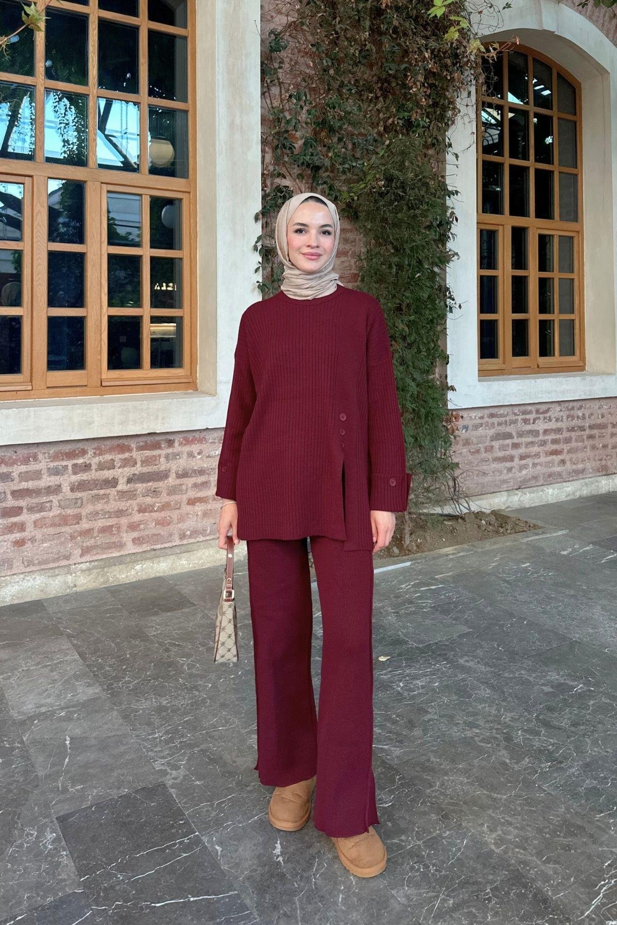 Düğmeli Triko Takım Bordo