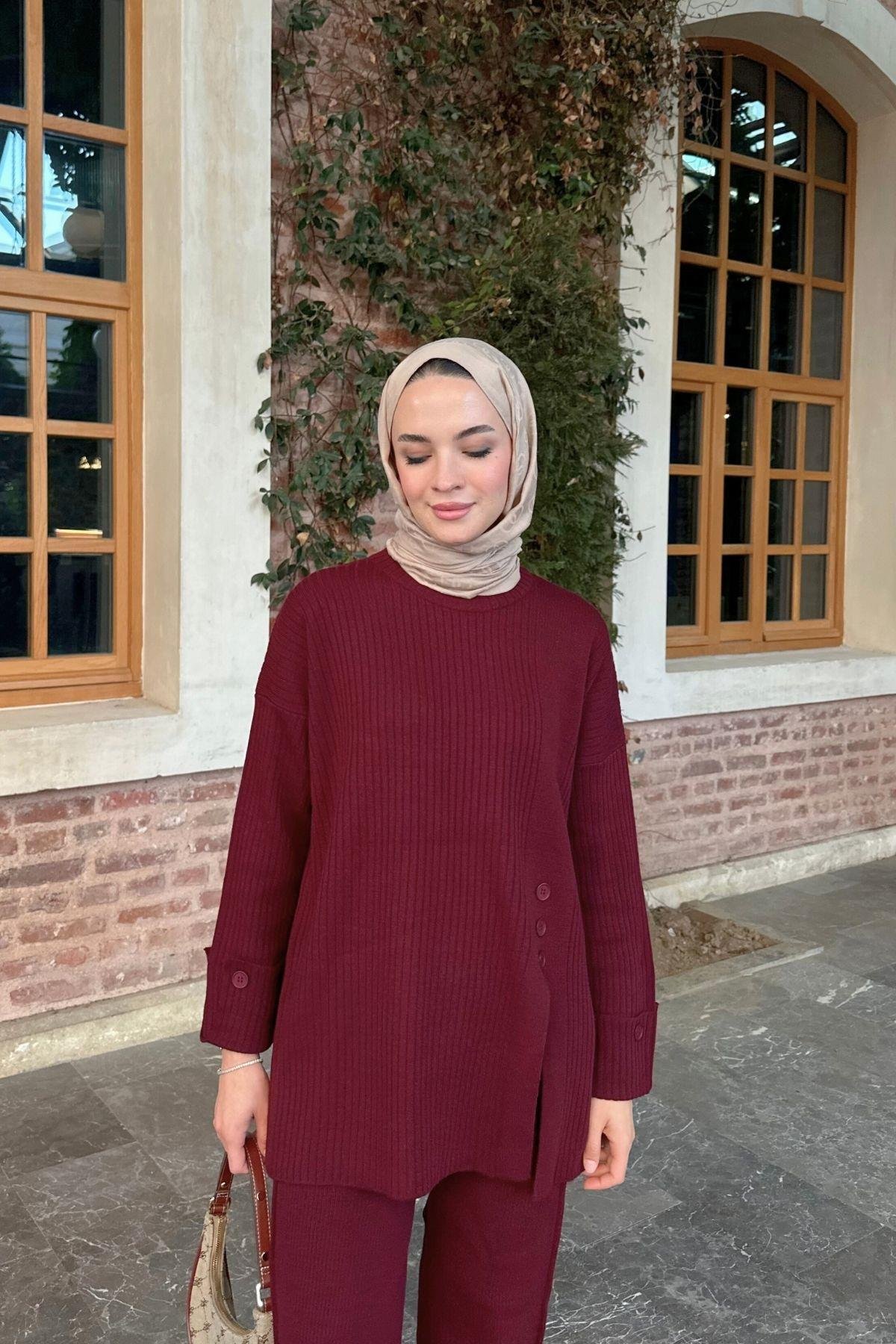 Düğmeli Triko Takım Bordo