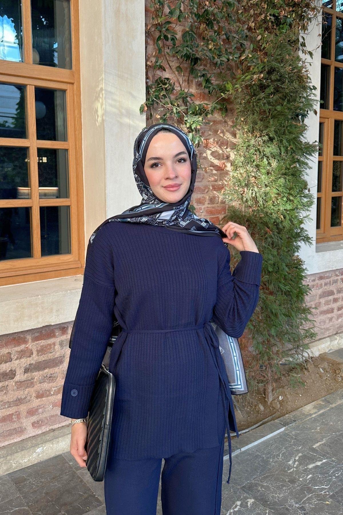 Düğmeli Triko Takım Lacivert