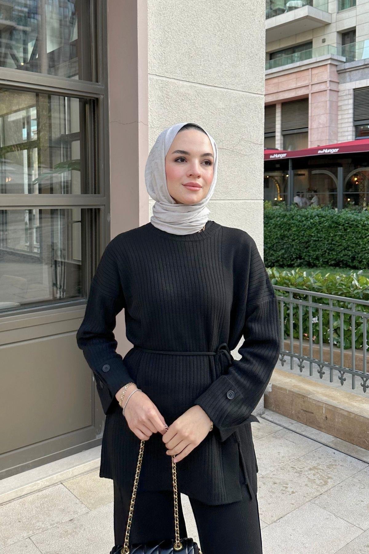 Düğmeli Triko Takım Siyah