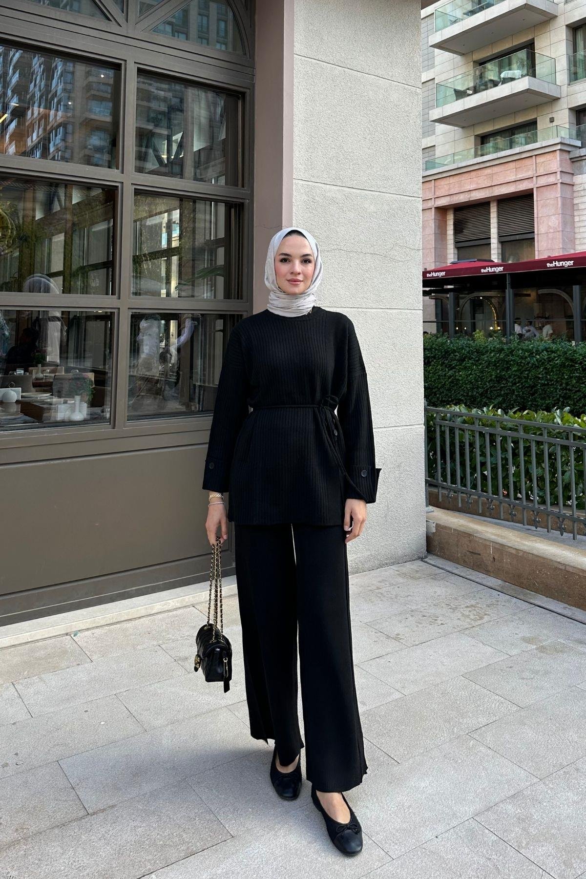 Düğmeli Triko Takım Siyah