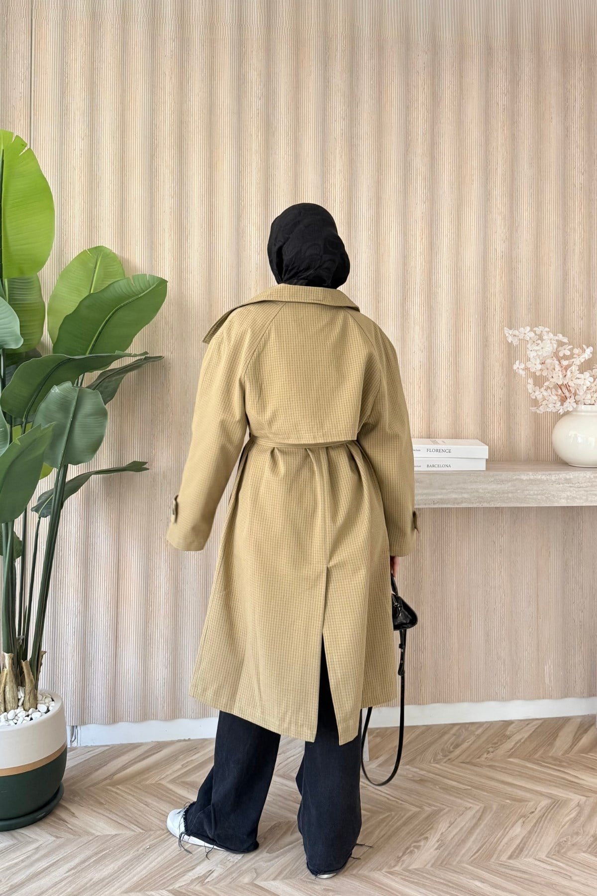 Ekoseli Kruvaze Oversize Trençkot Haki
