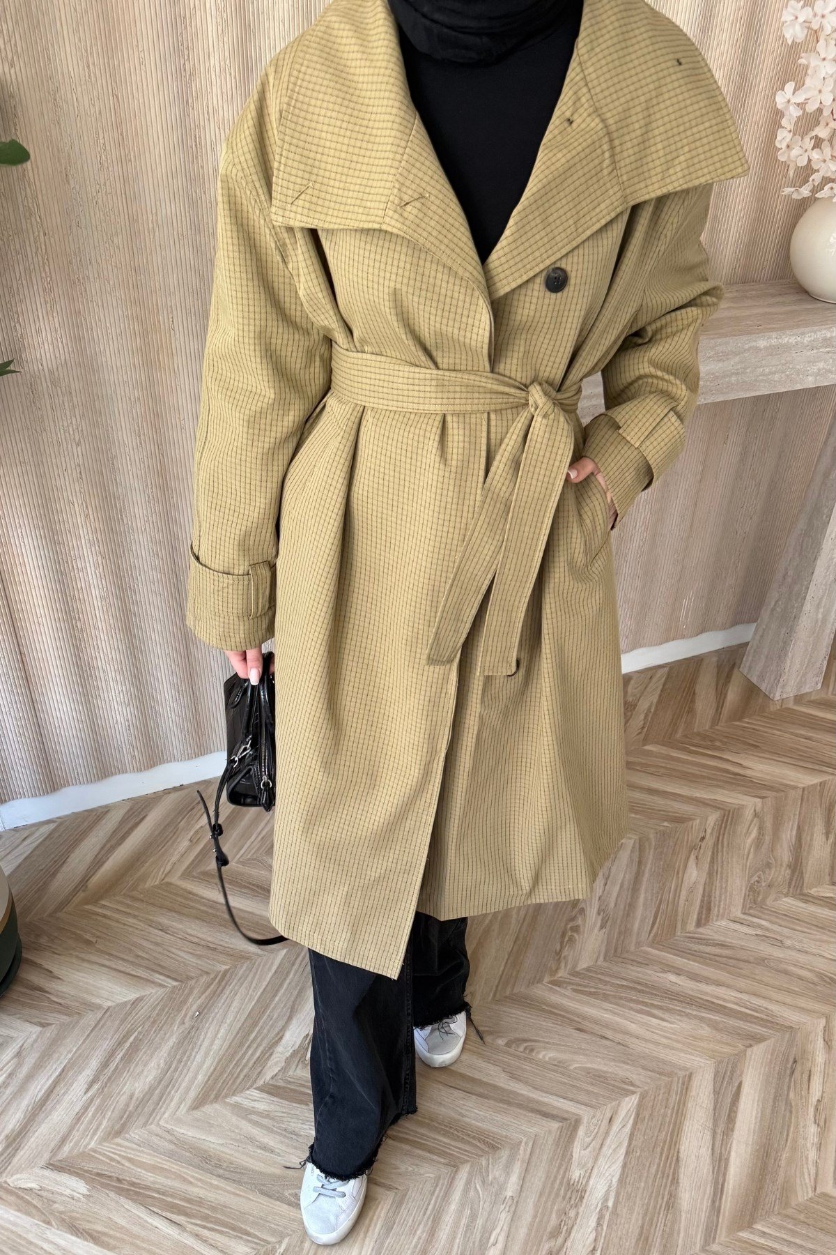 Ekoseli Kruvaze Oversize Trençkot Haki