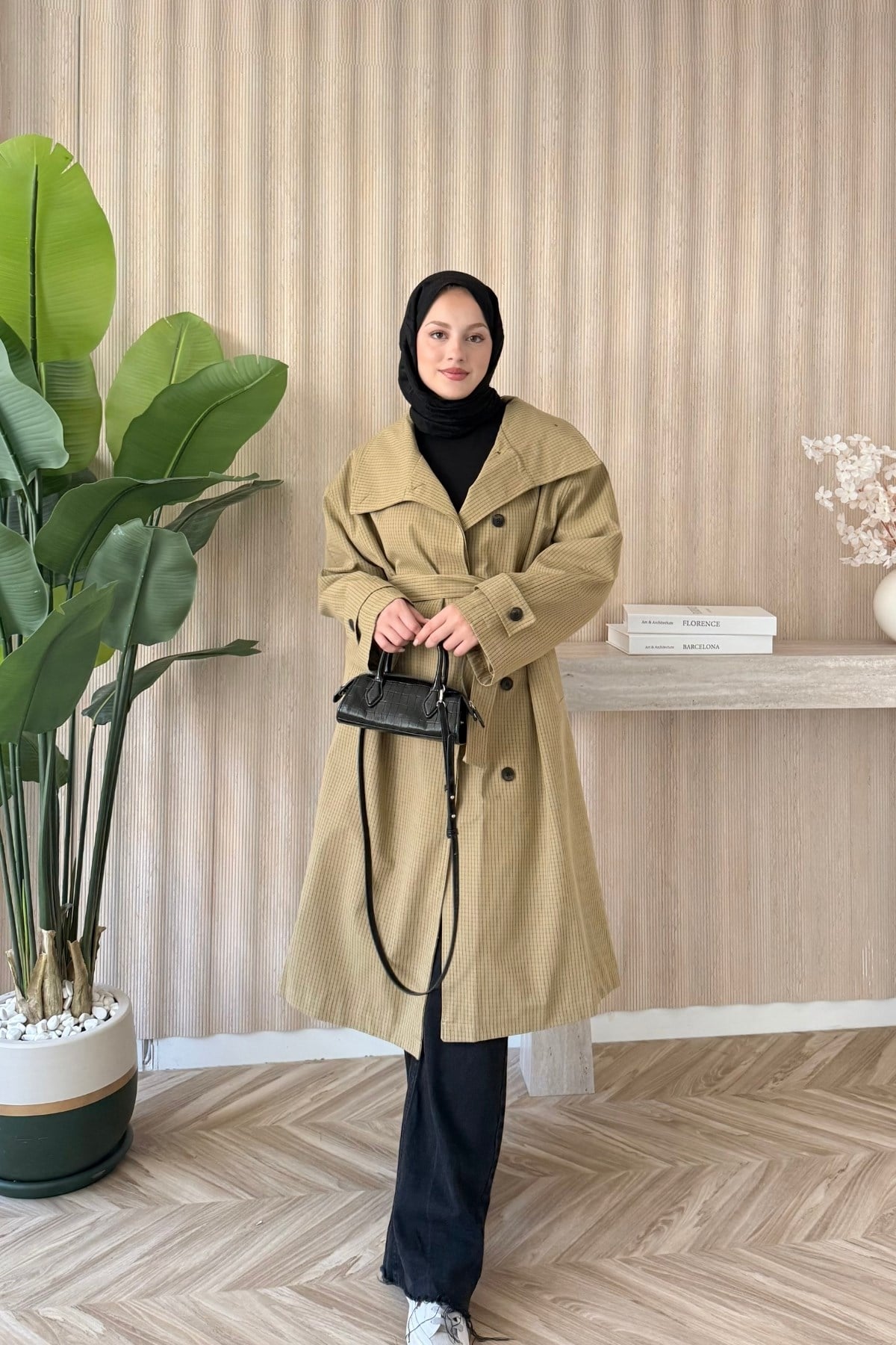 Ekoseli Kruvaze Oversize Trençkot Haki