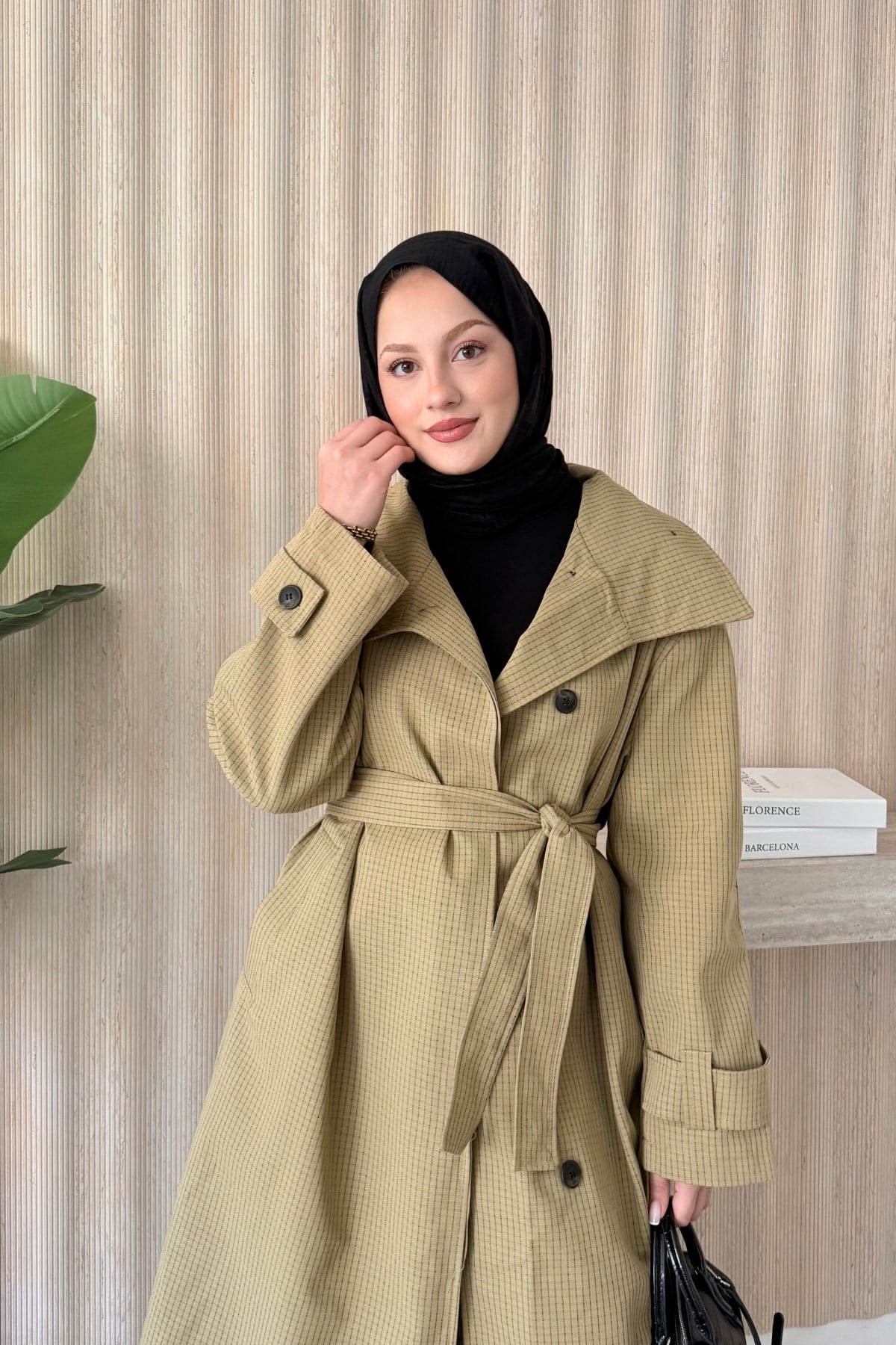 Ekoseli Kruvaze Oversize Trençkot Haki