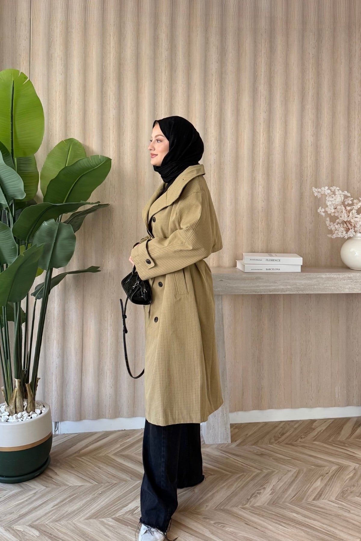 Ekoseli Kruvaze Oversize Trençkot Haki