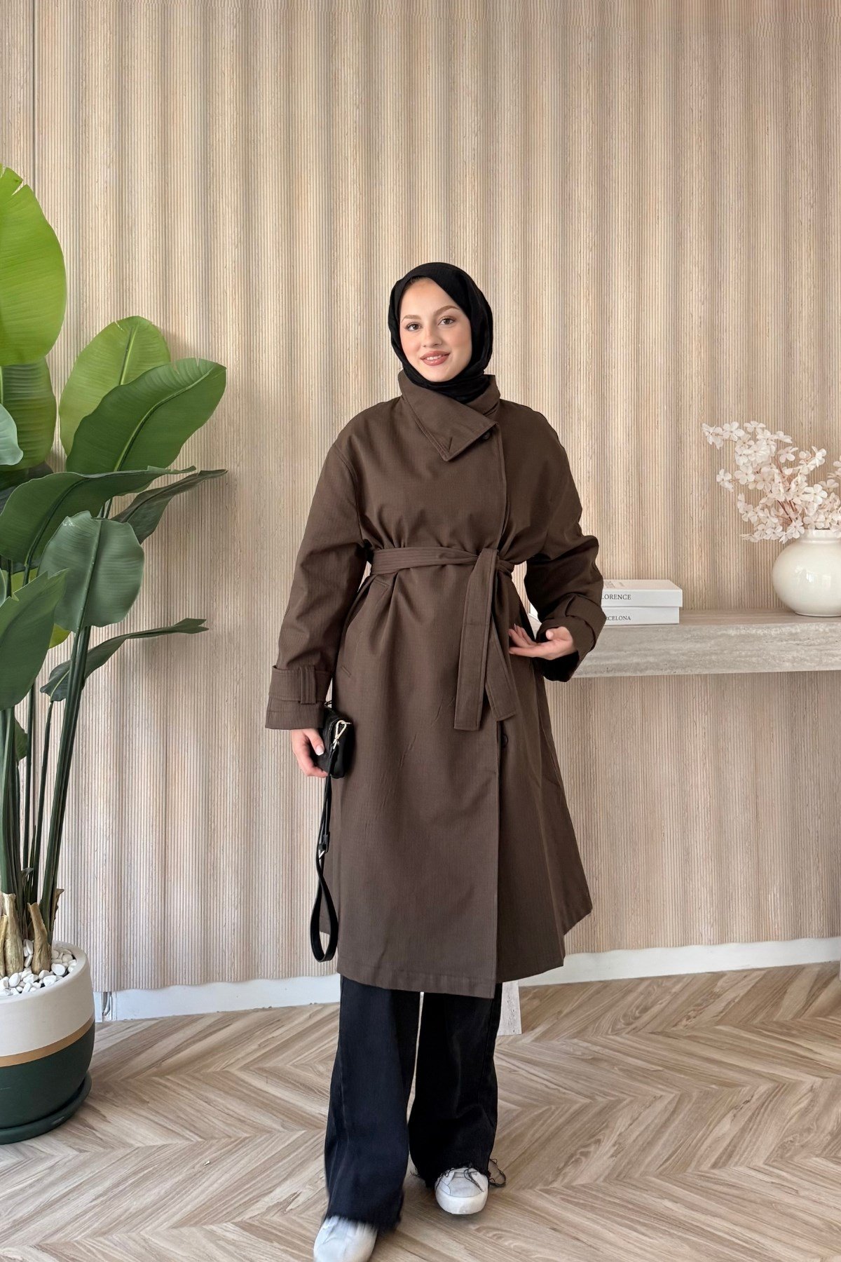 Ekoseli Kruvaze Oversize Trençkot Kahve