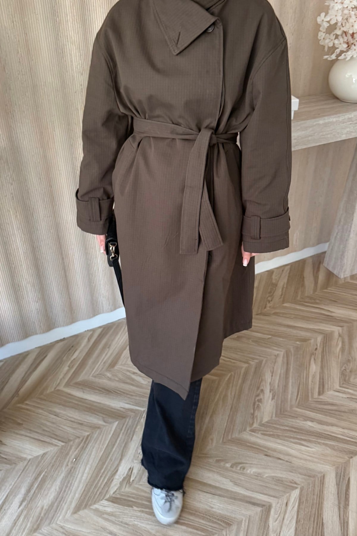 Ekoseli Kruvaze Oversize Trençkot Kahve
