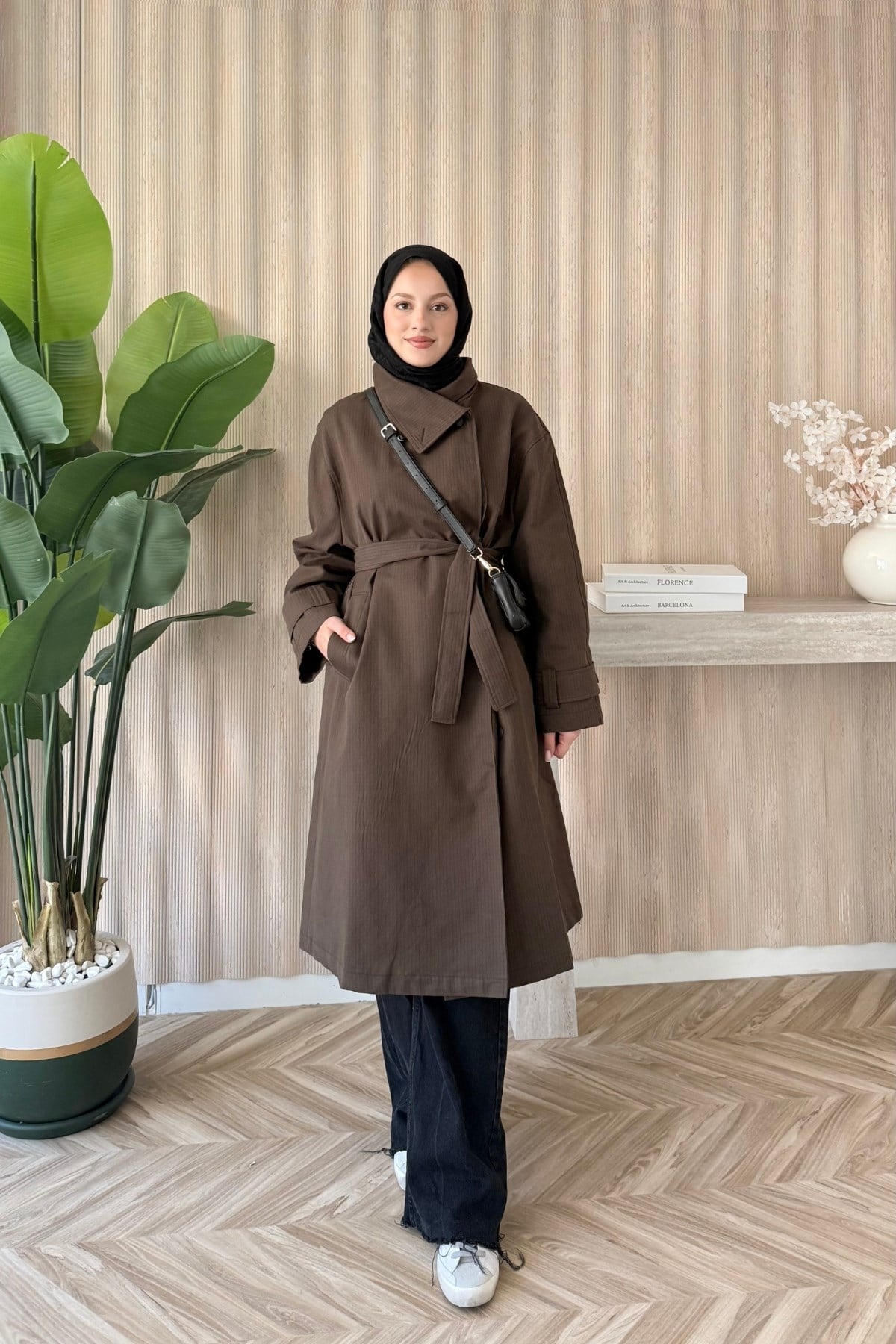 Ekoseli Kruvaze Oversize Trençkot Kahve