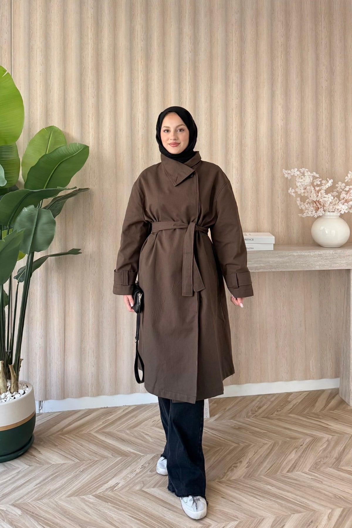 Ekoseli Kruvaze Oversize Trençkot Kahve