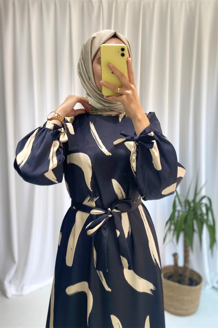 Fırça Desen Elbise Siyah