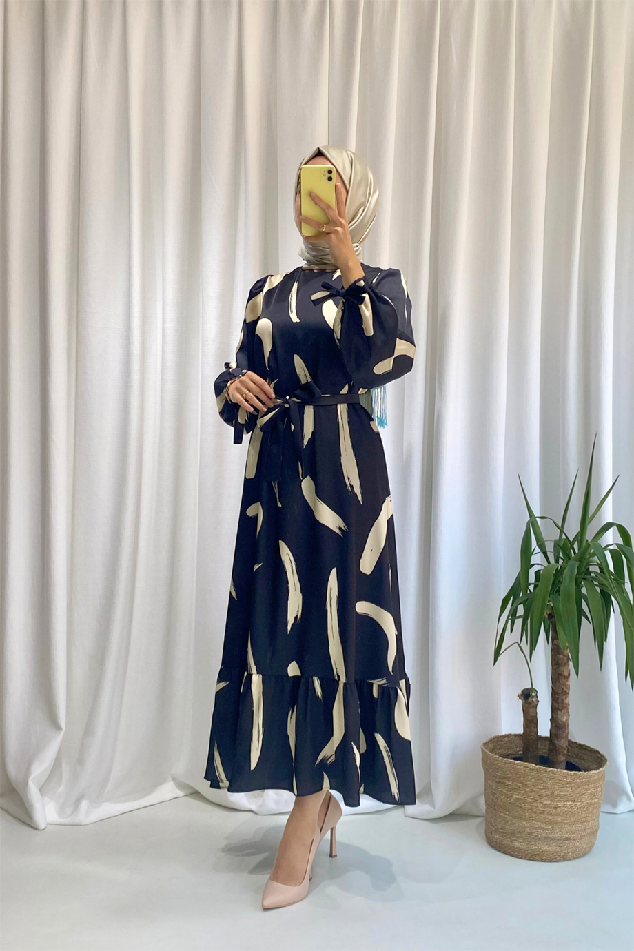 Fırça Desen Elbise Siyah