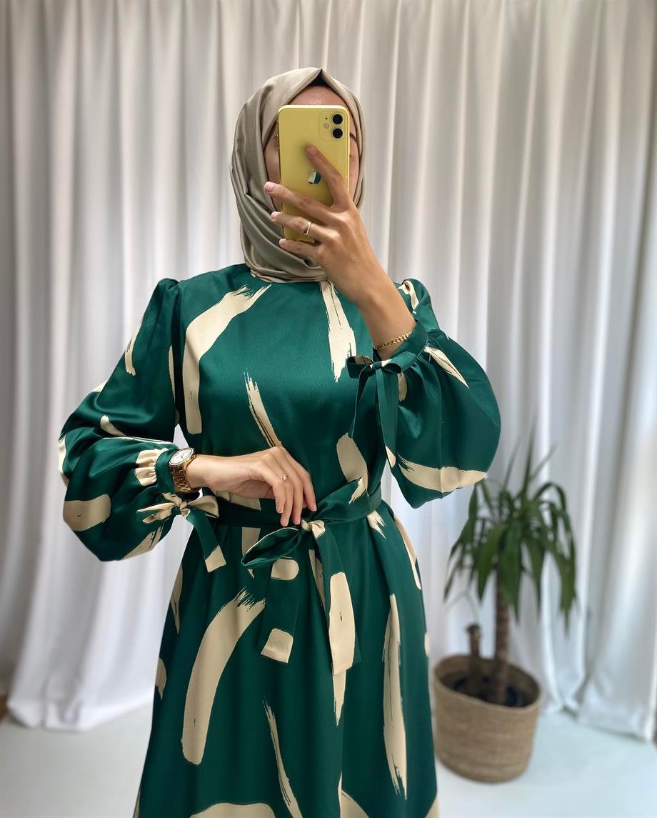 Fırça Desen Elbise Yeşil