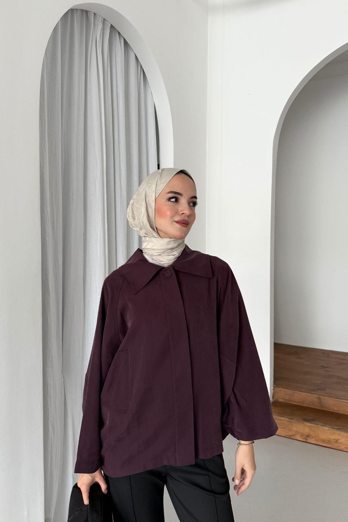 Geniş Yakalı Modal Trenç Bordo